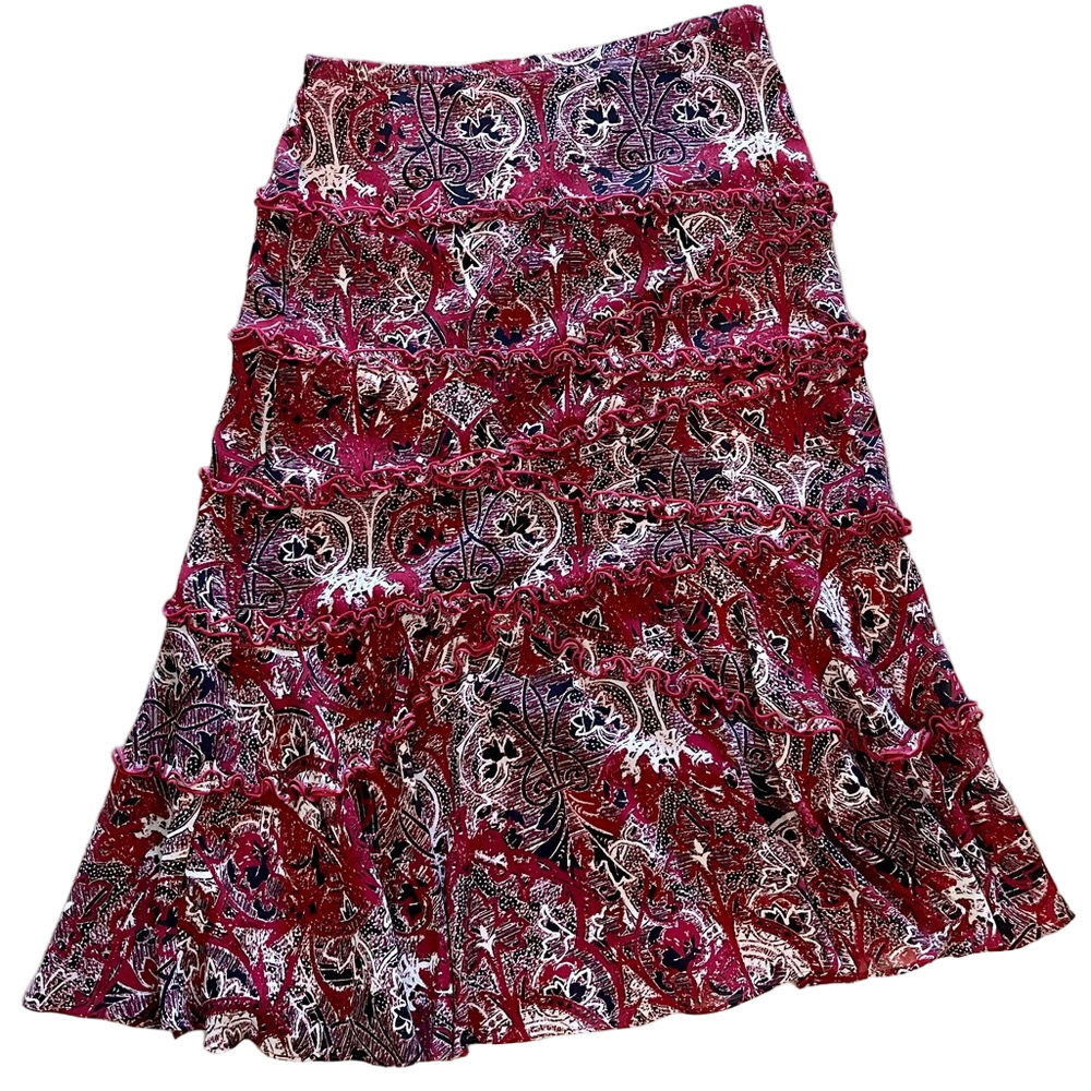 Vintage TapeMeasure Burgundy Floral Tiered Maxi Skirt Fairy Grunge Boho - Size 1